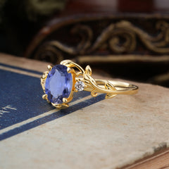 Contemporary Nature-Inspired 4-Prong Oval-Cut Natural Tanzanite Engagement Ring