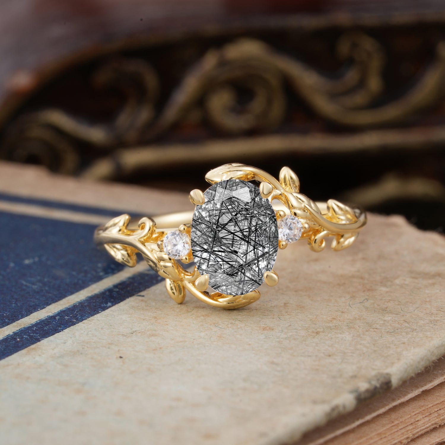 Contemporary Nature-Inspired 4-Prong Oval-Cut Natural  Black Rutilated Quartz Engagement Ring