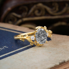 Contemporary Nature-Inspired 4-Prong Oval-Cut Natural  Black Rutilated Quartz Engagement Ring