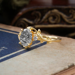 Contemporary Nature-Inspired 4-Prong Oval-Cut Natural  Black Rutilated Quartz Engagement Ring
