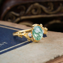 Contemporary Nature-Inspired 4-Prong Oval-Cut Natural Moss Agate Engagement Ring