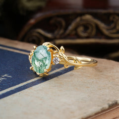Contemporary Nature-Inspired 4-Prong Oval-Cut Natural Moss Agate Engagement Ring