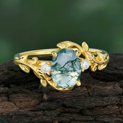 Contemporary Nature-Inspired 4-Prong Oval-Cut Natural Moss Agate Engagement Ring