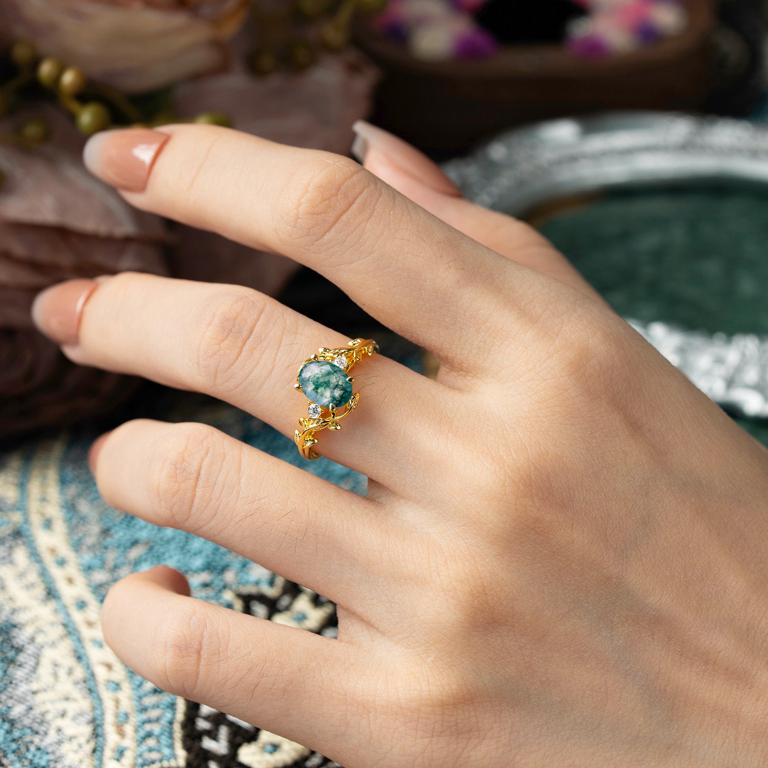 Contemporary Nature-Inspired 4-Prong Oval-Cut Natural Moss Agate Engagement Ring