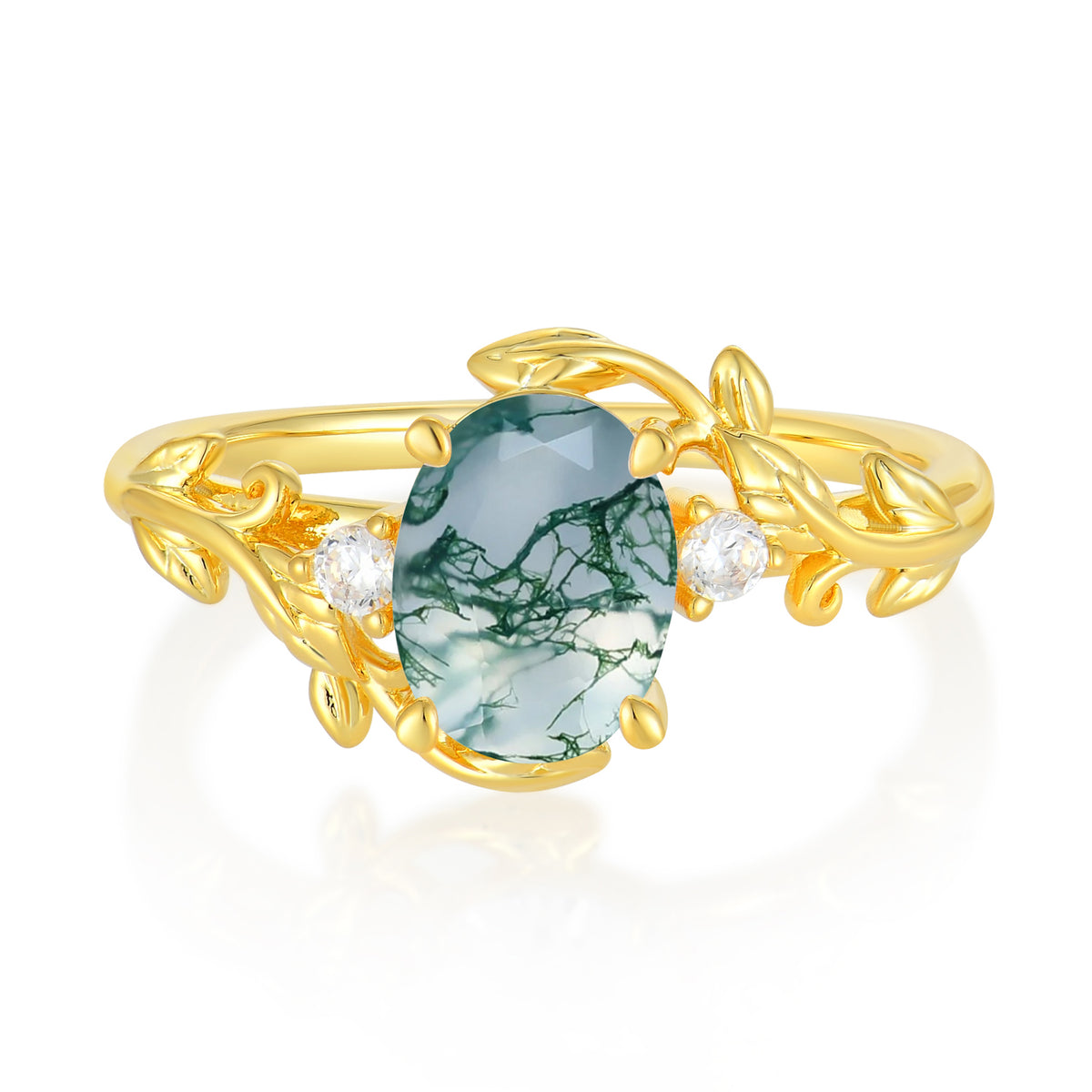 Contemporary Nature-Inspired 4-Prong Oval-Cut Natural Moss Agate Engagement Ring