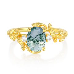 Contemporary Nature-Inspired 4-Prong Oval-Cut Natural Moss Agate Engagement Ring