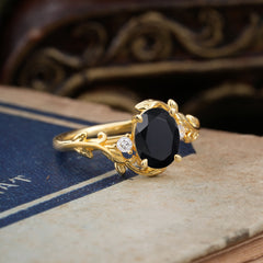 Contemporary Nature-Inspired 4-Prong Oval-Cut Natural Black Onyx Engagement Ring