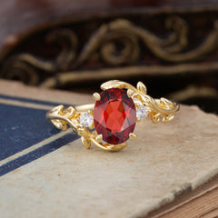 Contemporary Nature-Inspired 4-Prong Oval-Cut Natural Garnet Engagement Ring