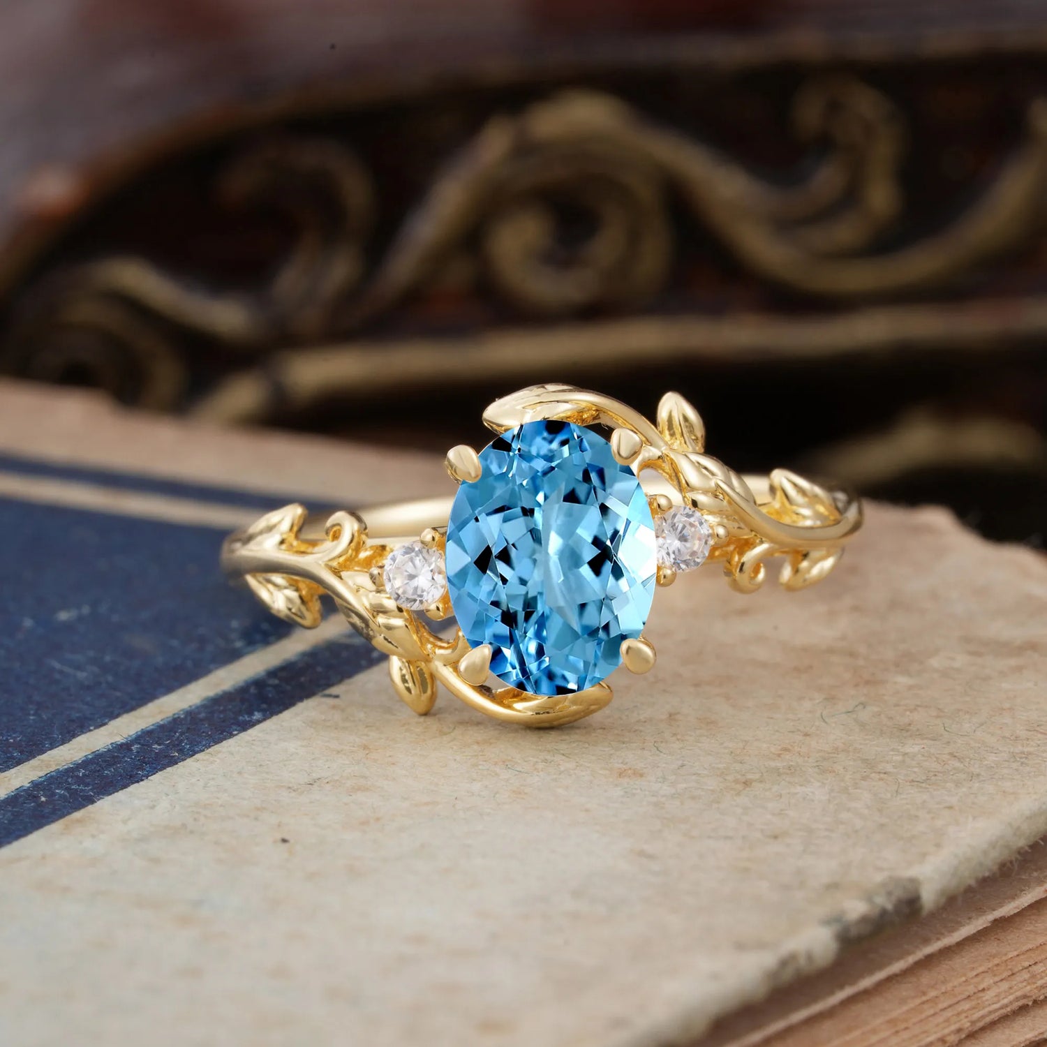 Contemporary Nature-Inspired 4-Prong Oval-Cut  Aquamarine Engagement Ring