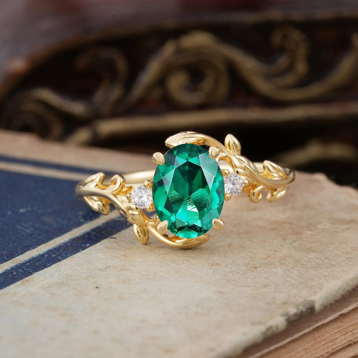 Contemporary Nature-Inspired 4-Prong Oval-Cut  Emerald Engagement Ring