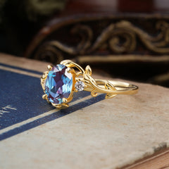 Contemporary Nature-Inspired 4-Prong Oval-Cut Natural Alexandrite Engagement Ring