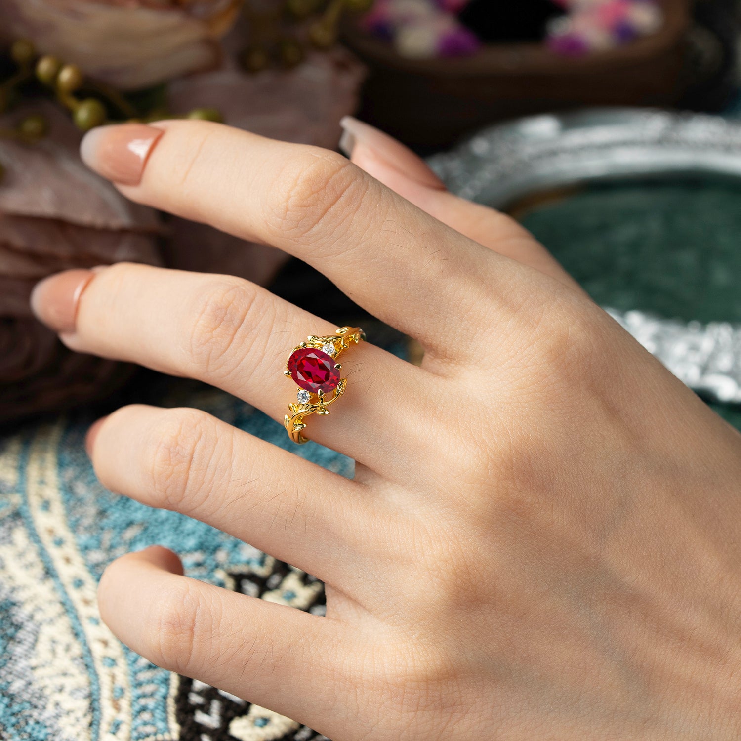 Contemporary Nature-Inspired 4-Prong Oval-Cut Natural Ruby Engagement Ring
