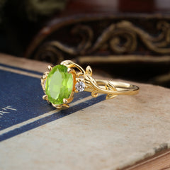 Contemporary Nature-Inspired 4-Prong Oval-Cut Natural Peridot Engagement Ring