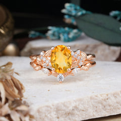 Nature-Inspired Luxury 4-Prong Oval-Cut Citrine Engagement Ring Set