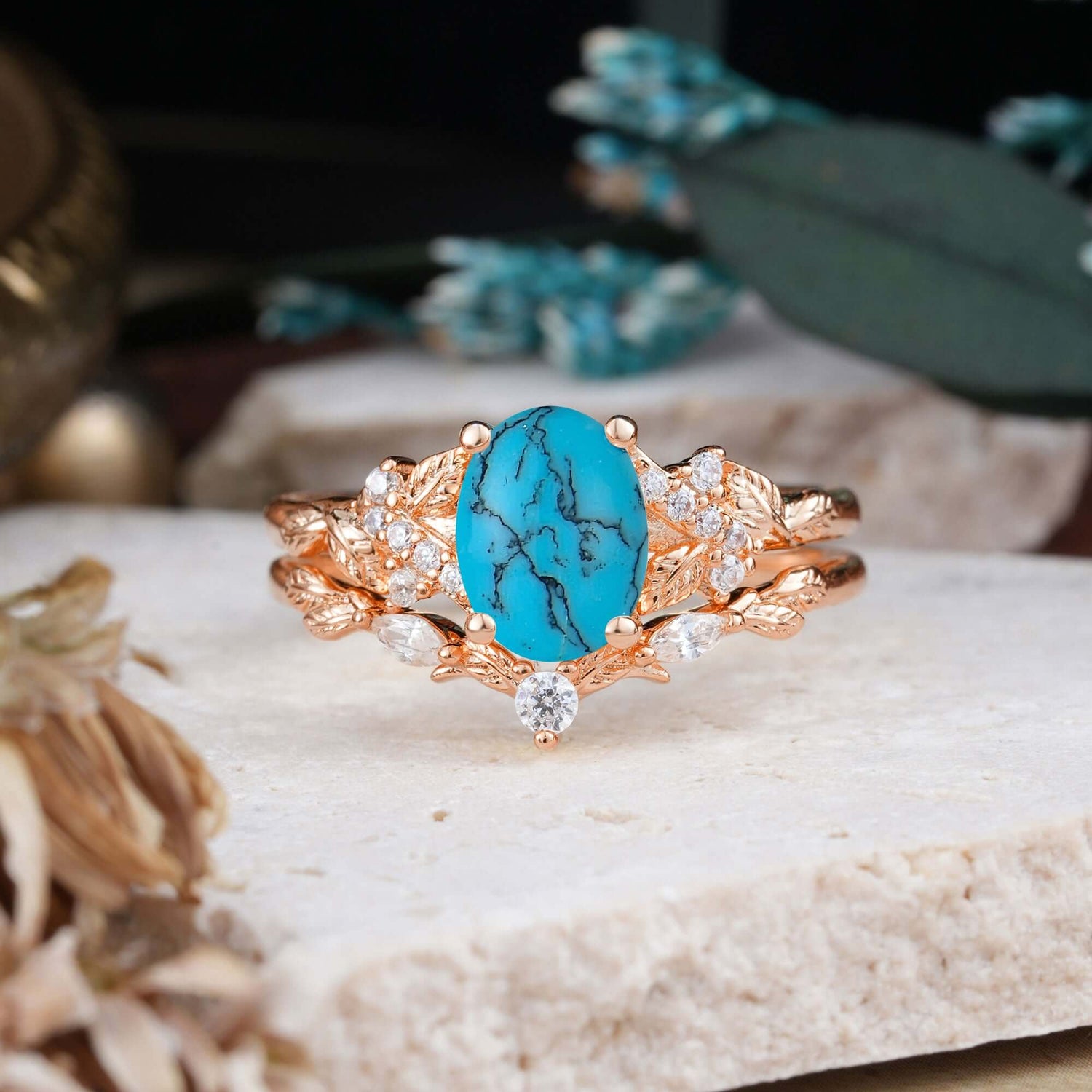 Nature-Inspired Luxury 4-Prong Oval-Cut Turquoise Bridal Ring Set