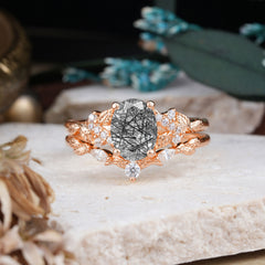 Nature-Inspired Luxury 4-Prong Oval-Cut Black Rutilated Quartz Engagement Ring Set