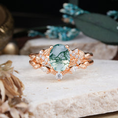 Nature-Inspired Luxury 4-Prong Oval-Cut Natural Moss Agate Engagement Ring Set