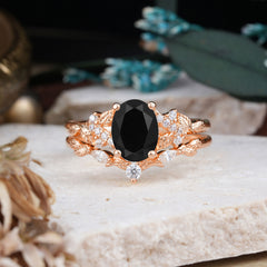 Nature-Inspired Luxury 4-Prong Oval-Cut Black Onyx Engagement Ring Set