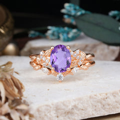 Nature-Inspired Luxury 4-Prong Oval-Cut Amethyst Engagement Ring Set