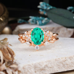 Nature-Inspired Luxury 4-Prong Oval-Cut Emerald Engagement Ring Set