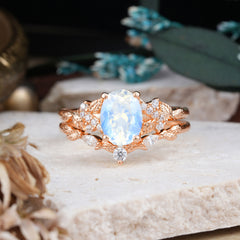 Nature-Inspired Luxury 4-Prong Oval-Cut Moonstone Engagement Ring Set
