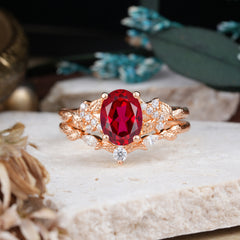 Nature-Inspired Luxury 4-Prong Oval-Cut Ruby Engagement Ring Set