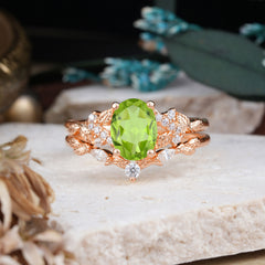 Nature-Inspired Luxury 4-Prong Oval-Cut Peridot Engagement Ring Set