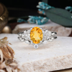 Nature-Inspired Luxury 4-Prong Oval-Cut Citrine Engagement Ring Set