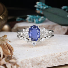 Nature-Inspired Luxury 4-Prong Oval-Cut Tanzanite Engagement Ring Set