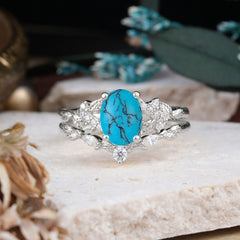 Nature-Inspired Luxury 4-Prong Oval-Cut Turquoise Engagement Ring Set