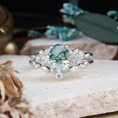 Nature-Inspired Luxury 4-Prong Oval-Cut Natural Moss Agate Engagement Ring Set