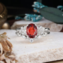 Nature-Inspired Luxury 4-Prong Oval-Cut Garnet Engagement Ring Set