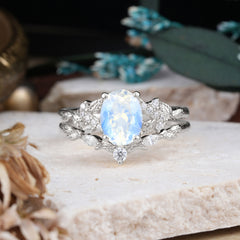 Nature-Inspired Luxury 4-Prong Oval-Cut Moonstone Engagement Ring Set