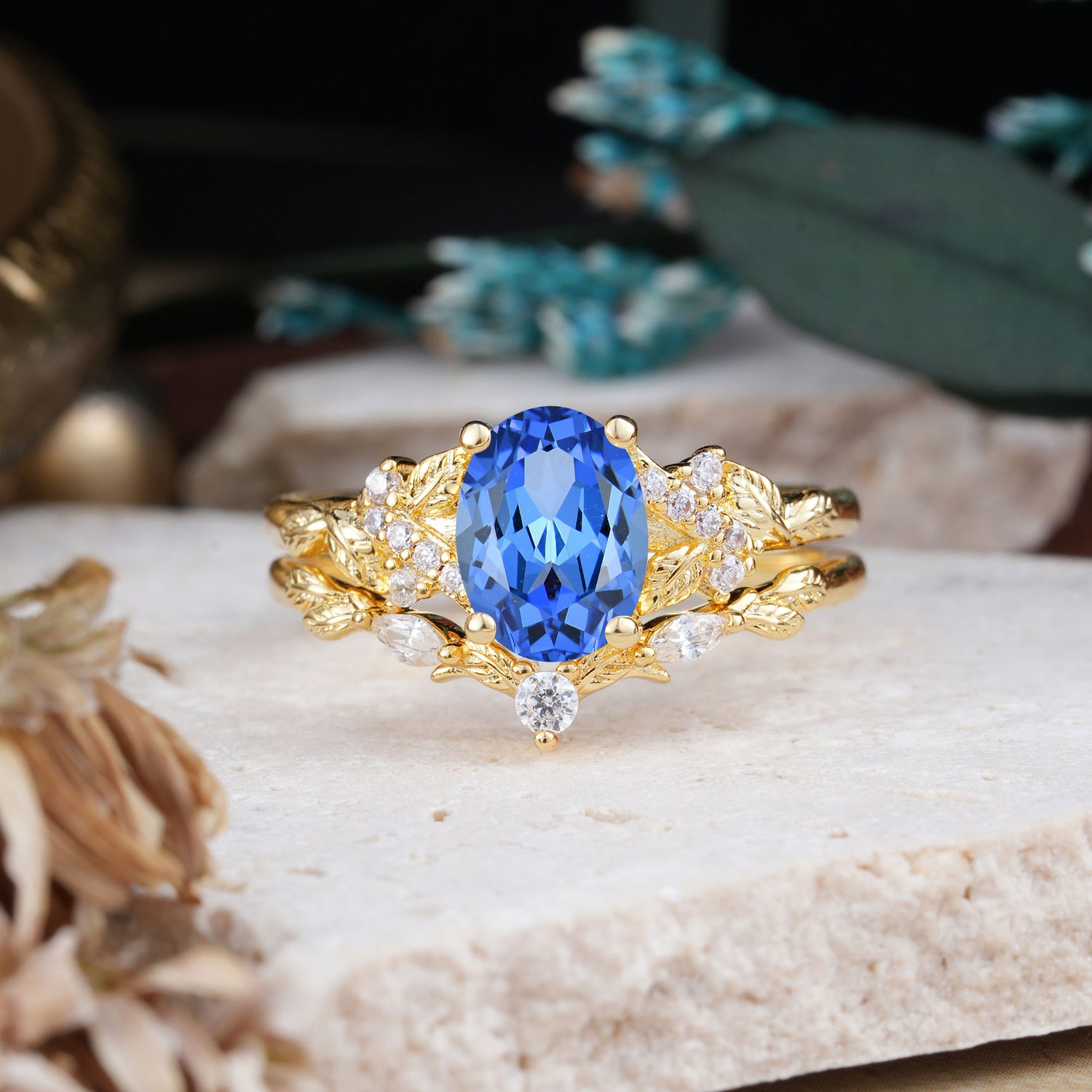 Nature-Inspired Luxury 4-Prong Oval-Cut Sapphire Bridal Ring Set