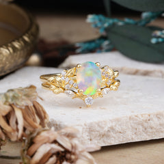 Nature-Inspired Luxury 4-Prong Oval-Cut Opal Engagement Ring Set