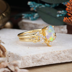 Nature-Inspired Luxury 4-Prong Oval-Cut Opal Engagement Ring Set