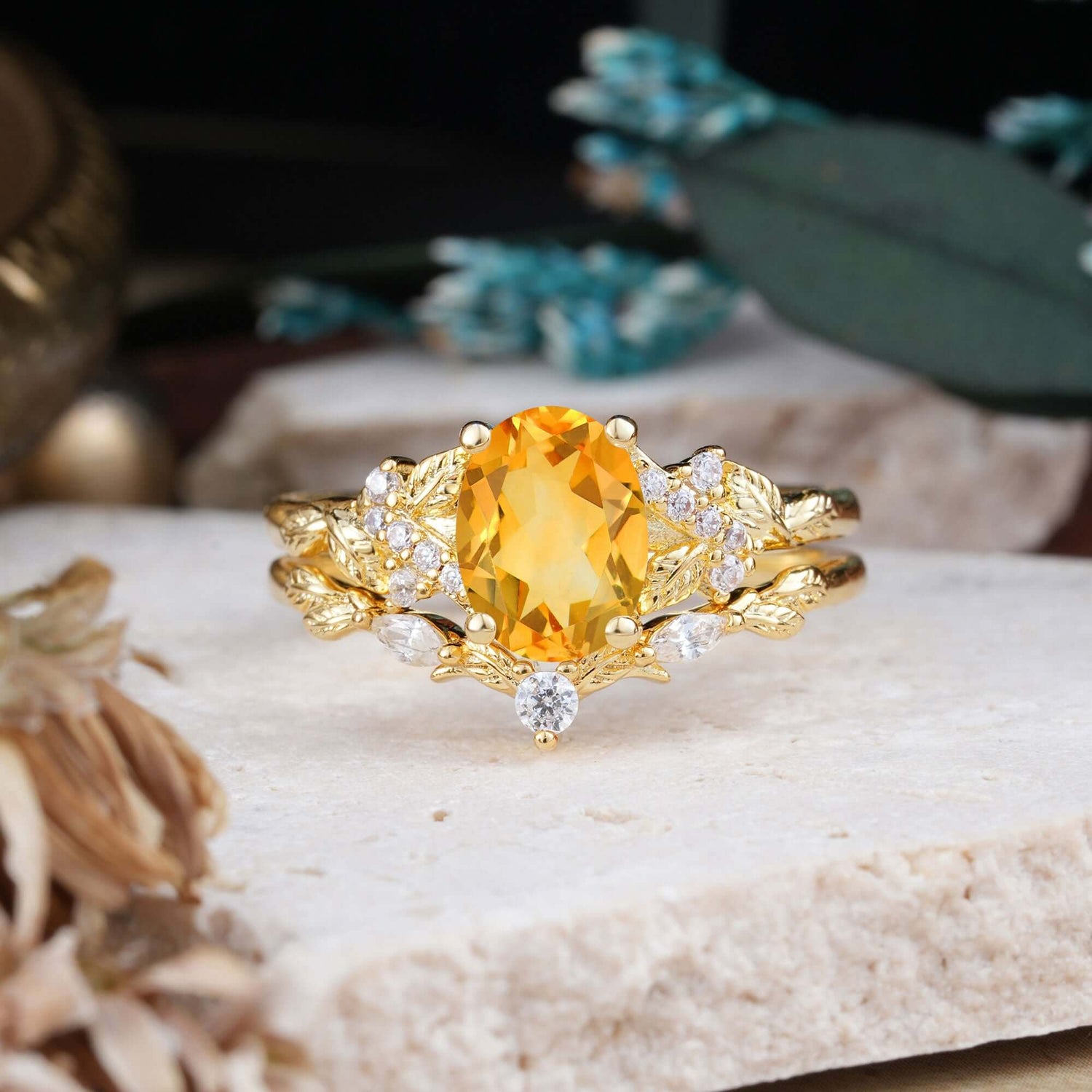 Nature-Inspired Luxury 4-Prong Oval-Cut Citrine Bridal Ring Set