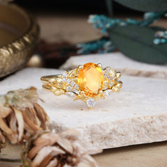 Nature-Inspired Luxury 4-Prong Oval-Cut Citrine Engagement Ring Set