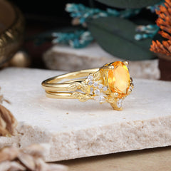 Nature-Inspired Luxury 4-Prong Oval-Cut Citrine Engagement Ring Set