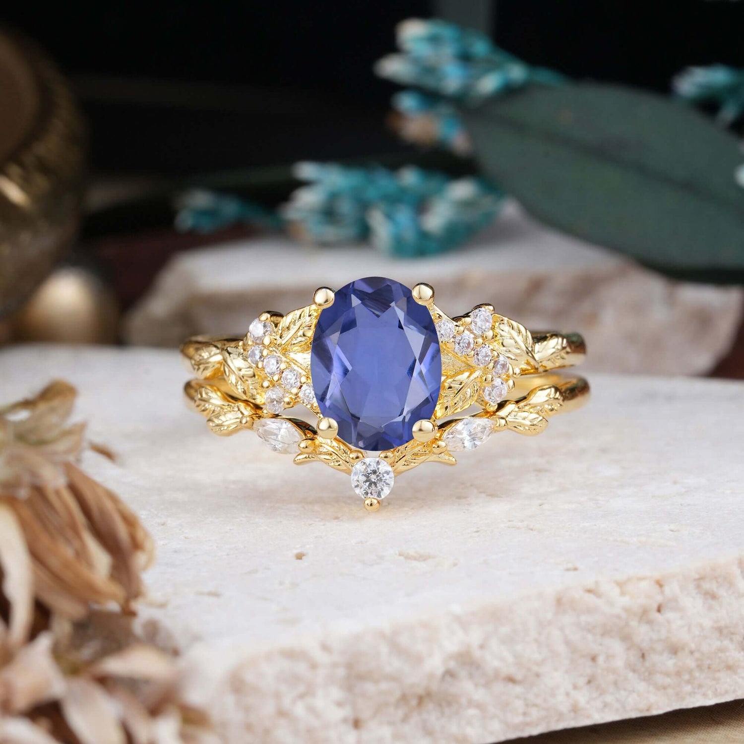 Nature-Inspired Luxury 4-Prong Oval-Cut Tanzanite Bridal Ring Set