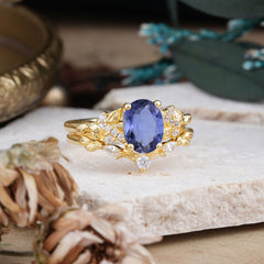 Nature-Inspired Luxury 4-Prong Oval-Cut Tanzanite Engagement Ring Set