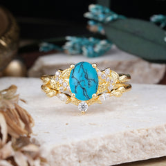 Nature-Inspired Luxury 4-Prong Oval-Cut Turquoise Engagement Ring Set