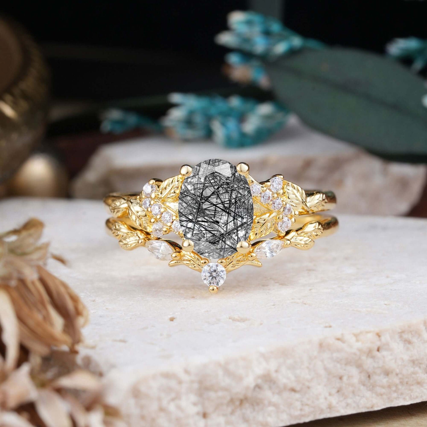 Nature-Inspired Luxury 4-Prong Oval-Cut Black Rutilated Quartz Bridal Ring Set
