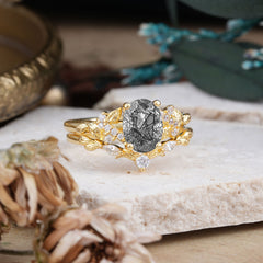 Nature-Inspired Luxury 4-Prong Oval-Cut Black Rutilated Quartz Engagement Ring Set