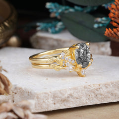 Nature-Inspired Luxury 4-Prong Oval-Cut Black Rutilated Quartz Engagement Ring Set