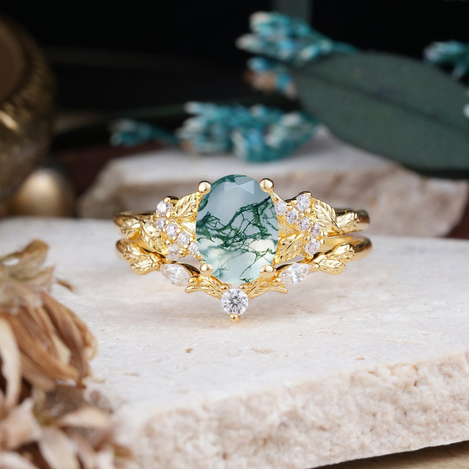 Nature-Inspired Luxury 4-Prong Oval-Cut Natural Moss Agate Bridal Ring Set