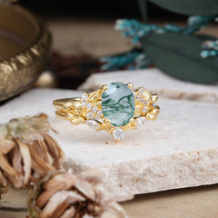 Nature-Inspired Luxury 4-Prong Oval-Cut Natural Moss Agate Engagement Ring Set