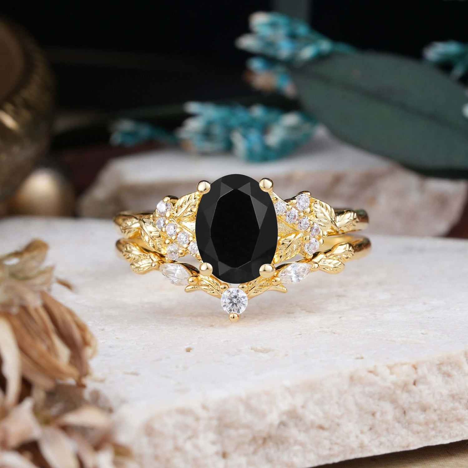 Nature-Inspired Luxury 4-Prong Oval-Cut Black Onyx Bridal Ring Set
