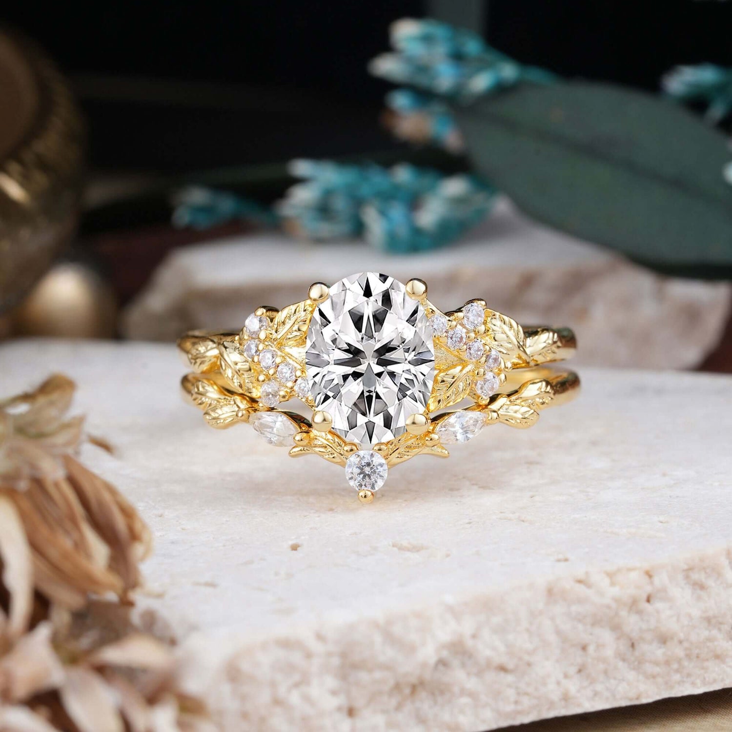 Nature-Inspired Luxury 4-Prong Oval-Cut Lab Diamond Bridal Ring Set