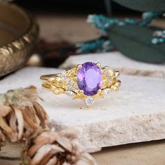 Nature-Inspired Luxury 4-Prong Oval-Cut Amethyst Engagement Ring Set